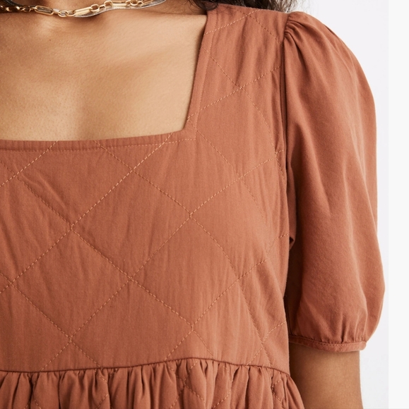 Madewell Quilted Aidy Square-Neck Puffed Sleeve Tiered Midi Dress Warm Umber - Picture 5 of 16